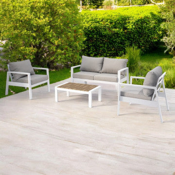 Salotto componibile in alluminio e Polywood con cuscini in poliestere