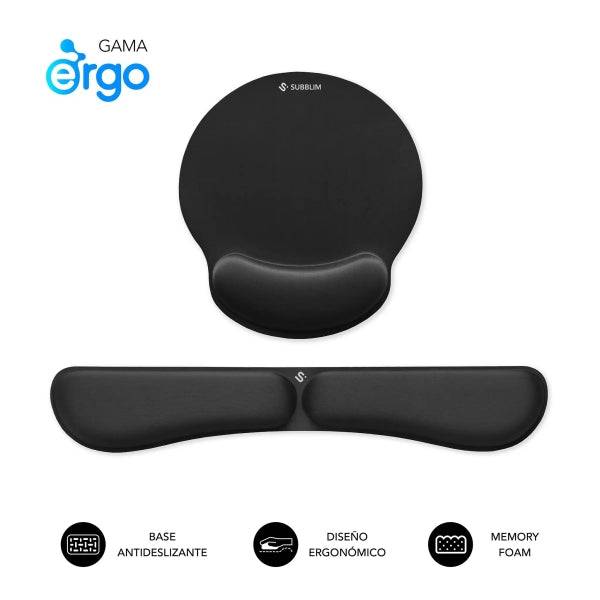 Subblim Pack Ergo MemoryFlex Tappetino Ergonomico per Mouse e Poggiapolsi Tastiera - Schiuma Elastica - Microtexturizzata Impermeabile - Base Antiscivolo - Colore Nero