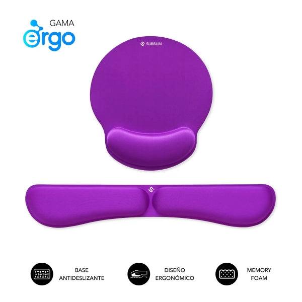 Subblim Pack Ergo MemoryFlex Tappetino Ergonomico per Ratone e Poggiapolsi Tastiera - Schiuma Elastica - Microtesturizzata Impermeabile - Base Antiscivolo - Colore Lilla