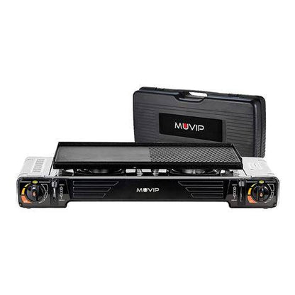 Muvip Cucina a Gas Portatile 2 Fuochi - Doppia Bombola - Accensione Automatica - Bruciatore in Alluminio - Valvola Doppio Sigillo - Protezione Sovratensione - Piastra Barbecue + Valigetta di Trasporto