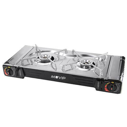 Muvip Cucina a Gas Portatile 2 Fuochi - Doppia Bombola - Accensione Automatica - Bruciatore in Alluminio - Valvola Doppio Sigillo - Protezione Sovratensione - Piastra Barbecue + Valigetta di Trasporto