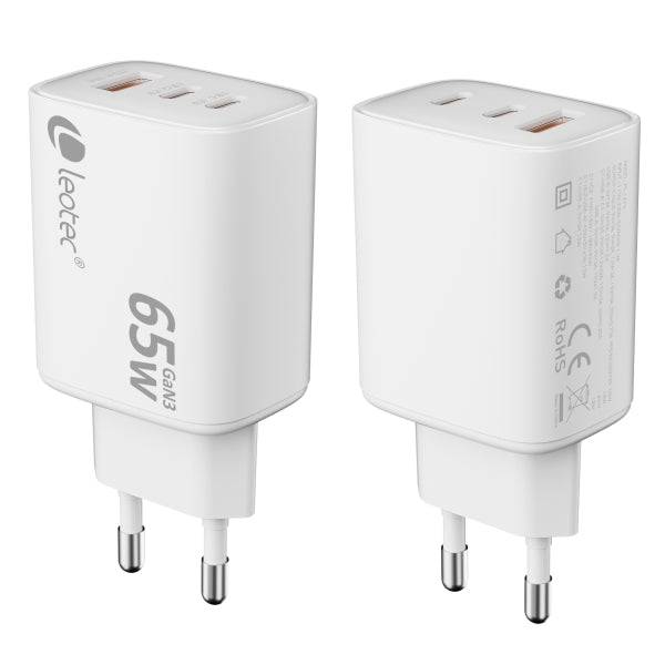 Leotec Caricabatterie Universale 65W GAN - Ultra Slim - 2USB-C PD + 1USB-A - Colore Bianco