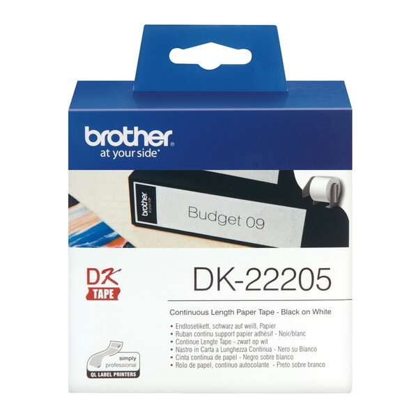 Brother DK22205 - Etichette Originali a Misura Personalizzata - Larghezza 62mm x 30,48 metri - Testo nero su sfondo bianco