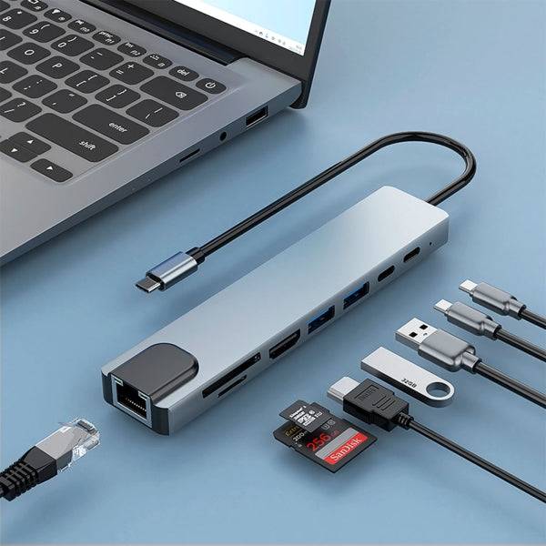 CoolBox MiniDock C81 USB-C - 1x HDMI 4K, 2x USB 3.2 Gen1, 1x USB-C PD, 1x USB-C, 1x SD, 1xMicroSD/TF, 1x RJ45 10/100/1000 - Compatibile con PC, MAC e Console - Alluminio - Colore Grigio