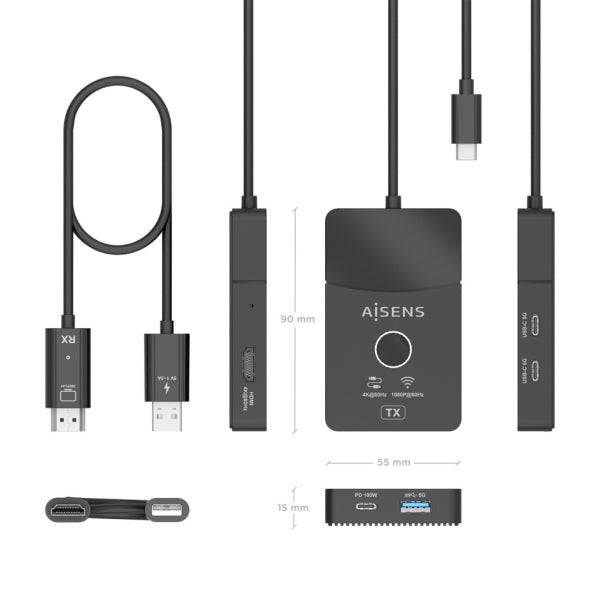 Aisens USB-C Dock - USB-C a 1xHDMI 1080P@60Hz Wireless - 1xHDMI 4K60Hz - 2xUSB-C - 1xUSB-C PD 100W - 1xUSB-A - 20cm - Colore Nero