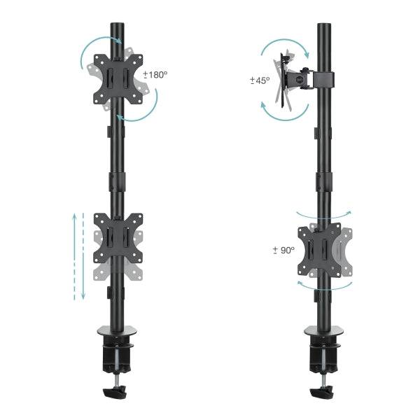 Tooq Supporto Tavolo per 2 Monitor in Verticale 13"-32" - Girevole e Inclinabile - Peso Max 8kg per Braccio - VESA 100x100mm