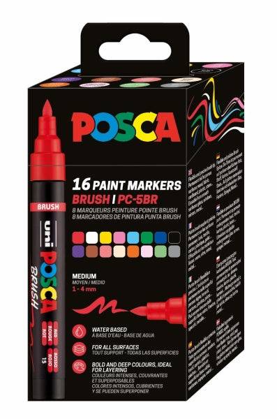 Posca PC-5BR Scatola 16 Marcatori Vernice - Punta Brush 1-4mm - Inchiostro a Base Acqua - Resistente alla Luce - Non Permanente - Colori Assortiti