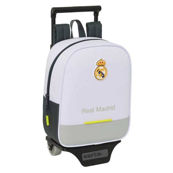Safta Real Madrid Zaino da 6L con Carrello 805 Integrato - Estraibile per il Lavaggio - Targhetta di Identificazione Personale - Carrello in PP e PVC Resistente - 22x27x10cm - Colore Bianco e Nero