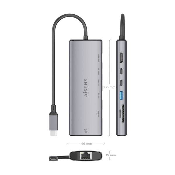 Aisens USB-C Dock 7 in 1 - USB-C a 1xHDMI - 1xRJ45 - 1xUSB-A 10G - 2xUSB-C 10G - 1xSD - 1xMicroSD - 20cm - Colore Grigio