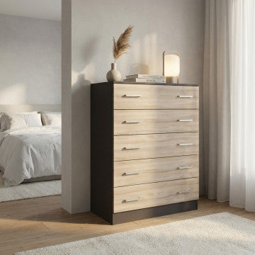 Mobile 5 cassetti in truciolare bilaminato grigio e olmo 80x45x111 cm