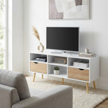 Mobile porta TV 2 cassetti 4 ripiani legno bianco grigio 117x39x58cm