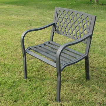 Poltrona in acciaio verniciato antracite con braccioli curvi, design resistente e adatta per giardini o terrazzi, dimensioni compatte.