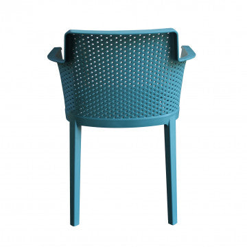 Retro della poltrona Cathy blu petrolio. Design traforato e struttura resistente in polipropilene. Dimensioni 60x58x76.5cm.