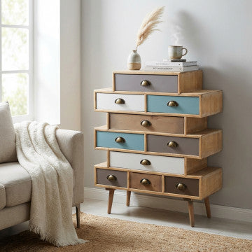 Mobiletto con struttura MDF, gambe pino, 10 cassetti colorati 80x36,5x91,5 cm