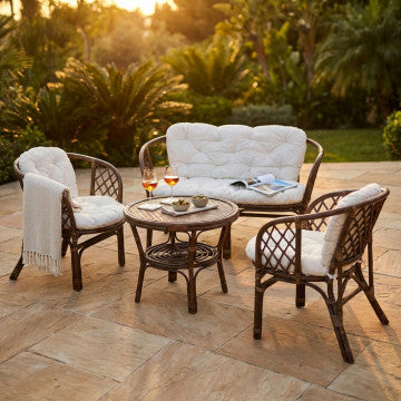 Salotto in fibra naturale wicker con cuscini cotone, marrone, 113x69 cm