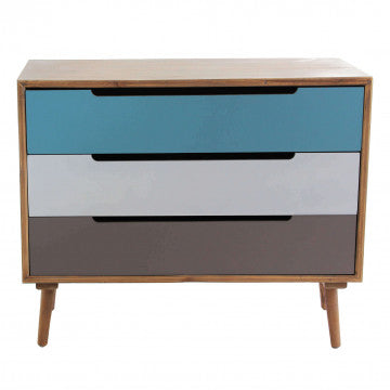 Mobile con struttura MDF, gambe pino, top marrone, 3 cassetti colorati
