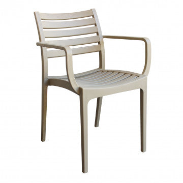 Poltrona Eveline impilabile in polipropilene beige, ideale per arredamento indoor e outdoor. Dimensioni: 58.5x55.2x84cm.