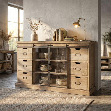 Mobile in legno con 2 ante e 6 cassetti, 147,5x39x81,5 cm