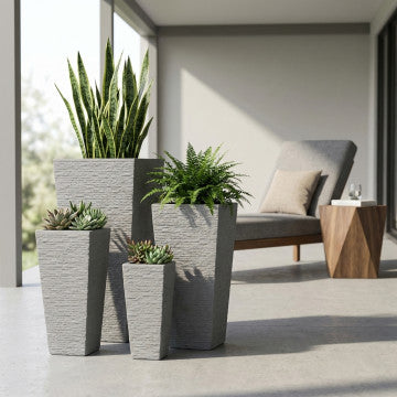 Set 4 vasi in fibra sintetica, dimensioni graduate, colore grigio