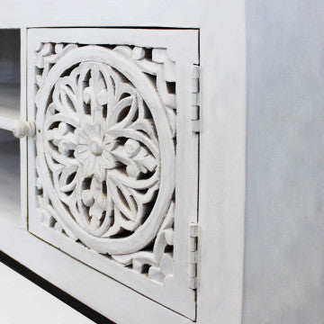 Porta TV con struttura in ferro e ante in legno di mango, 130x40x55 cm