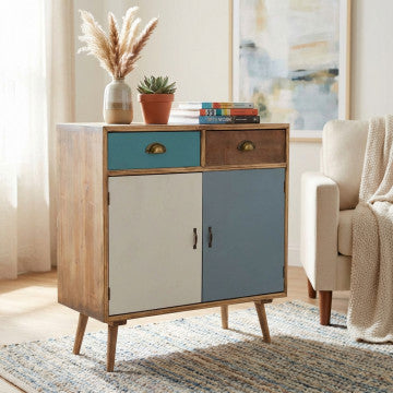 Mobiletto in MDF e legno di pino con 2 ante e 2 cassetti colorati