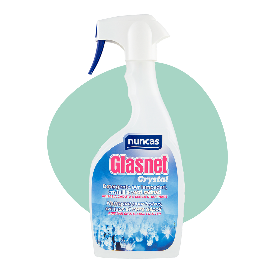Spray detergente cristalli lampadari Nuncas Glasnet Crystal, bottiglia bianca con etichetta blu e rosa, per cristalli e vetri satinati, 500ml