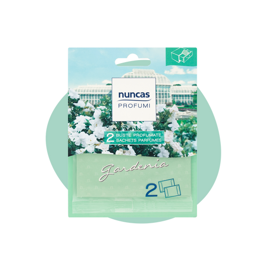 Buste profumate Nuncas Gardenia in sacchetti di plastica trasparente con immagine di serre e fiori bianchi, fragranza fresca e floreale, SKU: sku-51456882475347