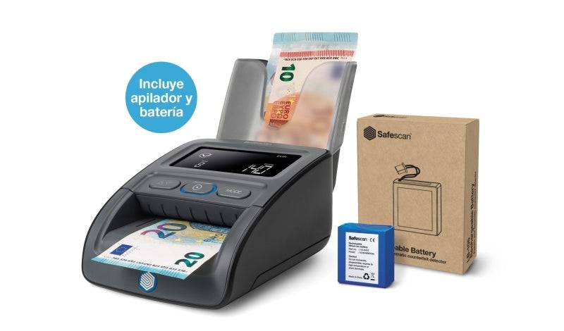 Safescan 155-S Confezione da Detector Automatico de Billetes Falsos - Bateria y Apilador Incluidos - Verifica, Cuenta y Apila