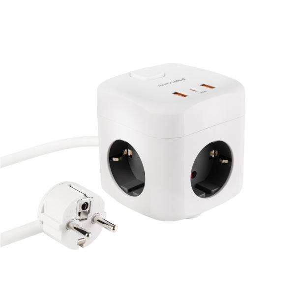 Nanocable Base 3 Prese Schuko + 2x USB-A e 1x USB-C con Interruttore - Tecnologia GaN, PPS e PD 20W - Cavo 1.40m - Colore Bianco