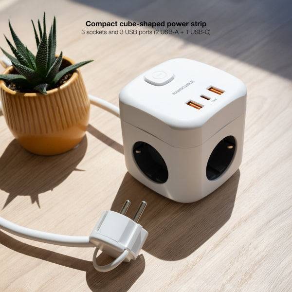 Nanocable Base 3 Prese Schuko + 2x USB-A e 1x USB-C con Interruttore - Tecnologia GaN, PPS e PD 20W - Cavo 1.40m - Colore Bianco