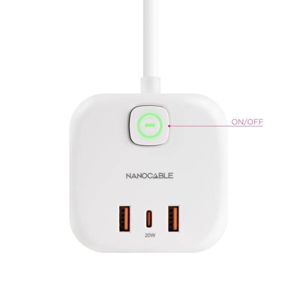 Nanocable Base 3 Prese Schuko + 2x USB-A e 1x USB-C con Interruttore - Tecnologia GaN, PPS e PD 20W - Cavo 1.40m - Colore Bianco