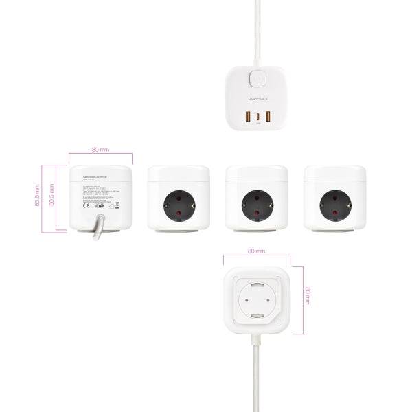Nanocable Base 3 Prese Schuko + 2x USB-A e 1x USB-C con Interruttore - Tecnologia GaN, PPS e PD 20W - Cavo 1.40m - Colore Bianco