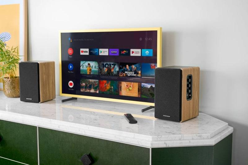 Thomson Sistema di Altoparlanti da Scaffale - Potenza Musicale 150W - Bluetooth - Ingresso Ottico, USB, RCA - Telecomando - Finitura Legno e Nero