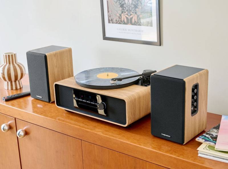 Thomson Sistema di Altoparlanti da Scaffale - Potenza Musicale 150W - Bluetooth - Ingresso Ottico, USB, RCA - Telecomando - Finitura Legno e Nero