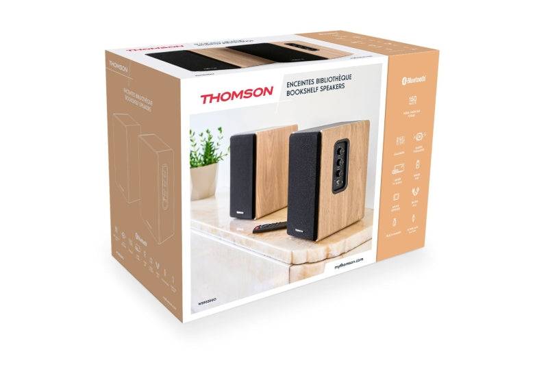 Thomson Sistema di Altoparlanti da Scaffale - Potenza Musicale 150W - Bluetooth - Ingresso Ottico, USB, RCA - Telecomando - Finitura Legno e Nero