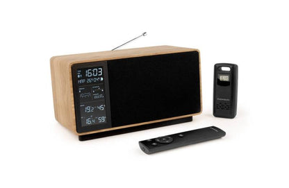 Thomson Altoparlante Bluetooth con Stazione Meteorologica e Radio FM - Potenza Musicale 50W - Schermo Retroilluminato - Sonda Esterna Wireless - Colore Legno e Nero