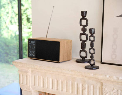 Thomson Altoparlante Bluetooth con Stazione Meteorologica e Radio FM - Potenza Musicale 50W - Schermo Retroilluminato - Sonda Esterna Wireless - Colore Legno e Nero