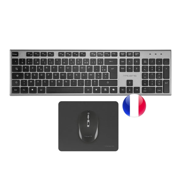 Tacens Zenith Combo Pack Wireless Tastiera Completa + Mouse e Tappetino - Layout Francese AZERTY FR - Tasti Silenziosi Profilo Basso - Sensore 3200dpi - Connessione Dual Link 2.4GHz - Switch HUANO - Colore Nero