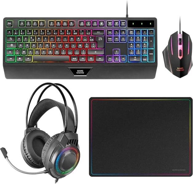 Combo Pack Gaming Mars Gaming MCP124PRO 4 in 1 - Tastiera Ibrida H-Mech - Layout Francese AZERTY FR - Mouse 3200dpi - Tappetino Nanotessile
