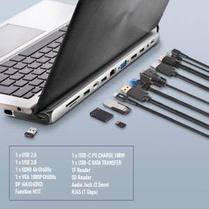 NGS Adattatore Multipresa Tipo USB-C 12 in 1 - WIN/MAC-HDMI-VGA-LAN-SD/TF-LAN - PD 100W CHARGE - 3xUSB3.0