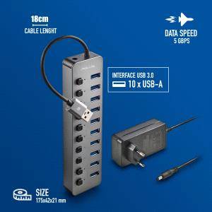 NGS IHUB10 Hub USB 3.0 - 10 Porte USB 3.0 con Interruttori - Fino a 5Gbps