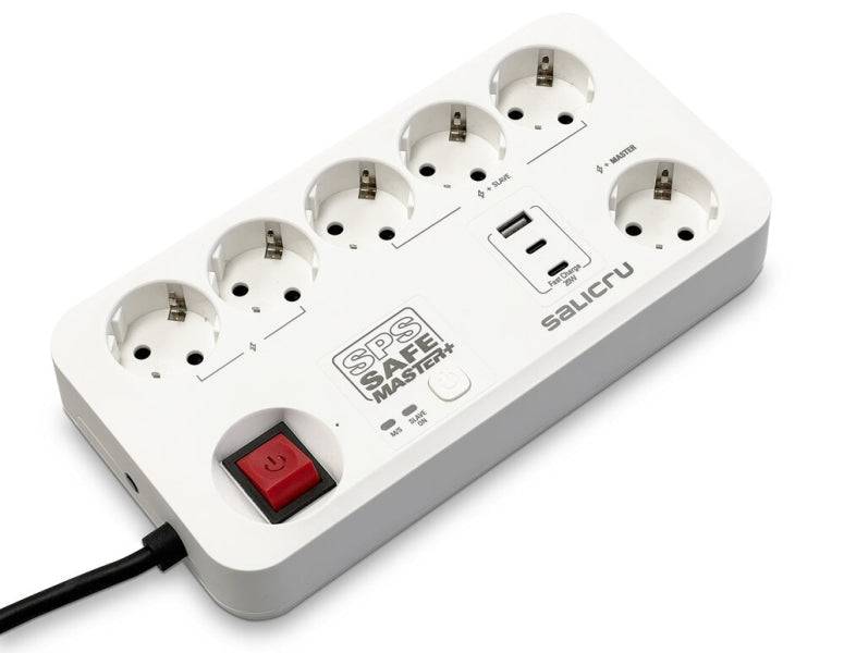 Salicru Regleta SPS SAFE MASTER+ Protezioni Elettriche Attive di Ultima Generazione - 6 Prese Schuko - 1xUSB-A, 2xUSB-C - Master/Slave - Colore Bianco