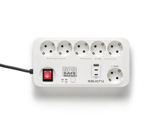 Salicru Regleta SPS SAFE MASTER+ Protezioni Elettriche Attive di Ultima Generazione - 6 Prese Schuko - 1xUSB-A, 2xUSB-C - Master/Slave - Colore Bianco