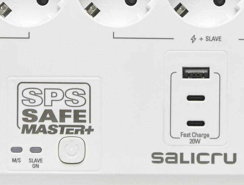 Salicru Regleta SPS SAFE MASTER+ Protezioni Elettriche Attive di Ultima Generazione - 6 Prese Schuko - 1xUSB-A, 2xUSB-C - Master/Slave - Colore Bianco