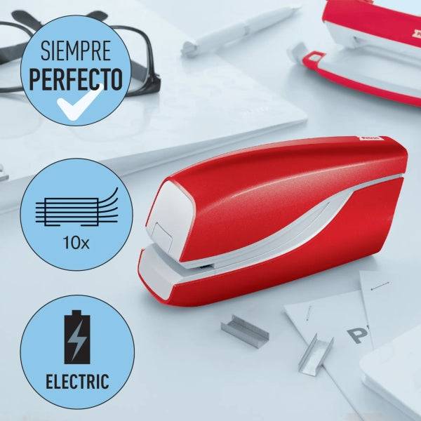 Petrus WOW E-310 Contactless Cucitrice Elettrica - fino a 10 Fogli - Cucitura Chiusa - Utilizza Punti Metallici Petrus Nº10 - Colore Rosso Metallizzato