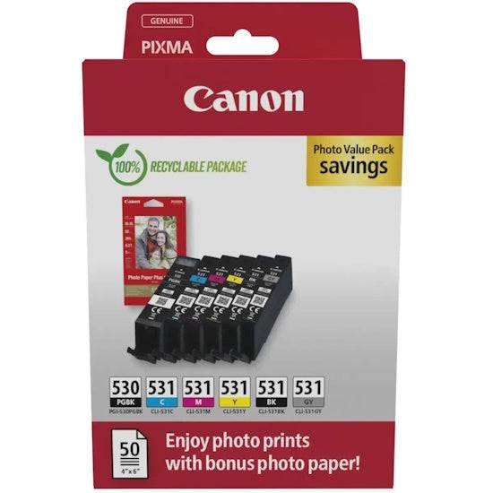 Canon PGI530/CLI531 Confezione 6 Cartucce d'Inchiostro Originali + 50 Fogli Carta Fotografica 10x15cm - 6117C004