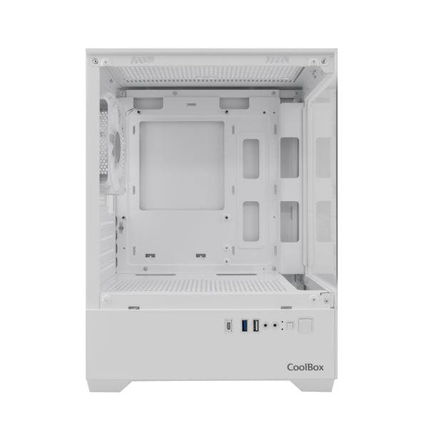 Coolbox GM200 Vision Lite Case Mini Tower Micro ATX, Mini-ITX - Pannello Frontale e Laterale Vetro Temperato - Supporta HDD 3.5" e 2.5" - USB-A 3.2, USB-C 3.2, USB-A 2.0 e Audio - Ventola Posteriore ARGB - Supporta Raffreddamento Liquido - Bianco