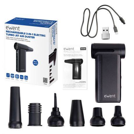 Ewent Pistola ad Aria Compressa - Pompa Vuoto e Compressore - 8 Velocità - 130000 RPM - Batteria 5000mah - Colore Nero