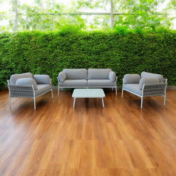 Salotto in alluminio e corda PVC: divano 183x80, poltrona 99x80, tavolino