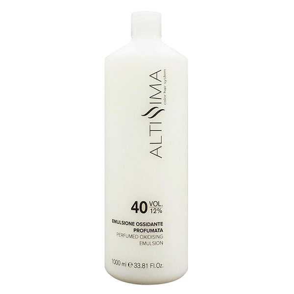 Emulsione ossidante profumata ALTISSIMA 40 volumi, 1000 ml, crema colorante per capelli, contenitore bianco con etichetta minimalista, SKU: TNCALTI.027